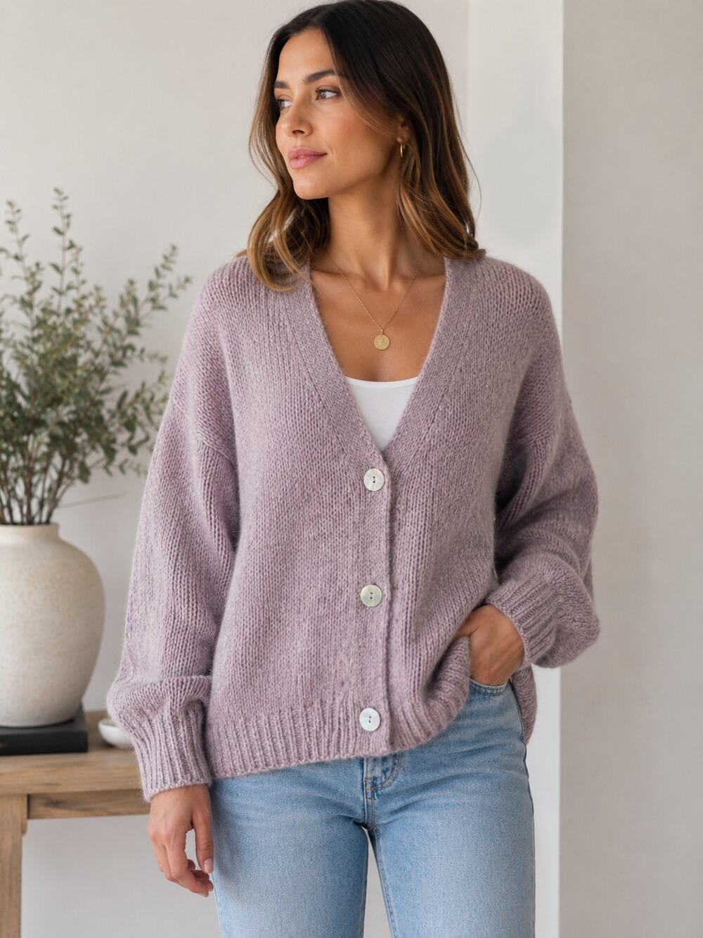 Margaret O’Leary Alpaca Merino Cardigan XS Mauve Lavender Chunky Shell Buttons